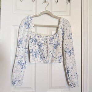 Blue and white linen floral long sleeve crop top